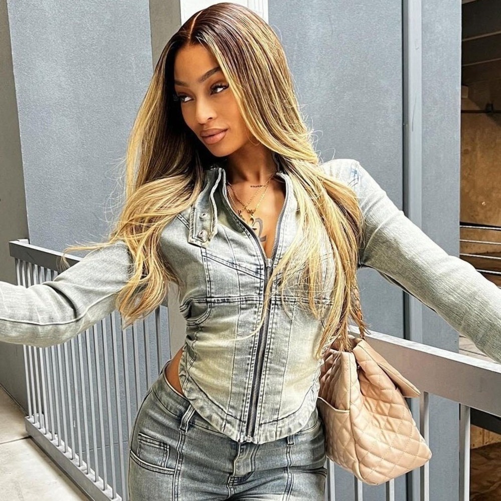 New XS Fashion Nova Moto Mayhem FItted Denim Jacket Acid Wash Stretch Zip Front - Picture 2 of 4